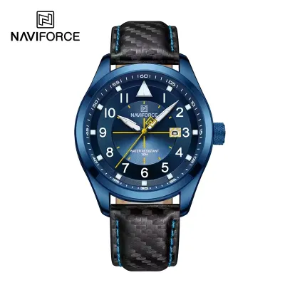 NAVIFORCE NF8022 Original New Men Business Watches Waterproof Leather Sport Wristwatch Quartz Date Display Male Clock - Blue Blue